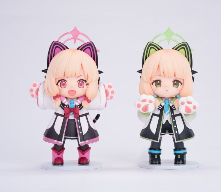 2girls 3d animal_ear_headphones animal_ears animal_hands arms_up black_shorts black_skirt black_thighhighs blonde_hair blue_archive blue_necktie bow bowtie cable cable_tail cat_ear_headphones chibi chibi_only fake_animal_ears figure frilled_jacket frills gloves green_eyes green_halo hair_bow halo headphones jacket long_sleeves low-tied_sidelocks marimo_jh mechanical_tail medium_hair midori_(blue_archive) momoi_(blue_archive) multiple_girls necktie paw_gloves photo_(medium) pink_bow pink_bowtie pink_eyes pink_halo shorts siblings sidelocks sisters skirt standing tail thighhighs twins white_jacket
