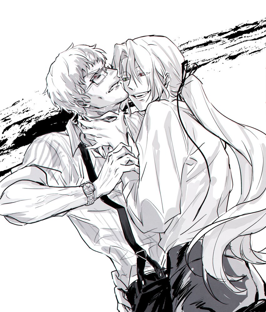 2boys antonio_salieri_(fate) beard_stubble borrowed_design chromatic_aberration collared_shirt cowboy_shot facial_hair fate/grand_order fate_(series) fog_fgo glasses green_eyes greyscale hair_ribbon hand_on_another&#039;s_waist hand_on_another&#039;s_wrist heterochromia highres holding_another&#039;s_wrist long_hair long_sleeves looking_at_another low_ponytail male_focus monochrome multiple_boys open_collar open_mouth pants ponytail rectangular_eyewear red_eyes ribbon shirt short_hair simple_background smile spot_color strangling striped_clothes striped_shirt stubble suspenders very_long_hair watch wing_collar wolfgang_amadeus_mozart_(fate) wristwatch yaoi