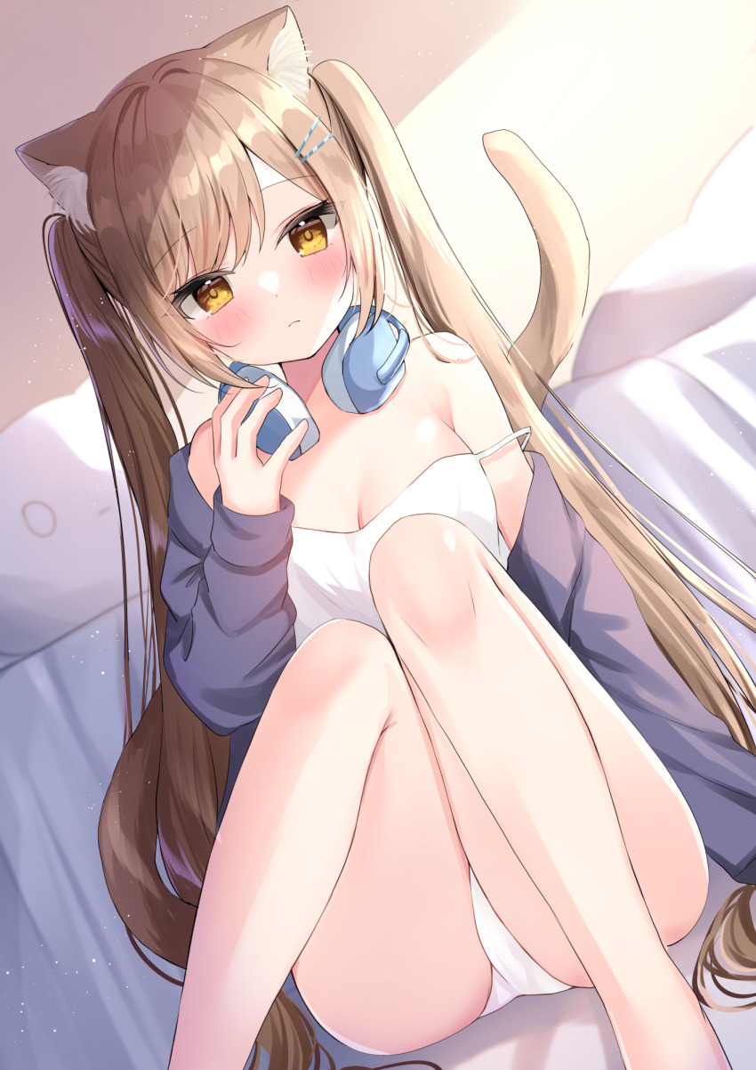 1girl animal_ears bed black_cardigan blush breasts brown_hair camisole cardigan cardigan_partially_removed cat_ears cat_girl cat_tail cleavage closed_mouth commentary_request dutch_angle frown hamico headphones headphones_around_neck highres indoors knees_up kokona_(hamico) light_particles long_hair long_sleeves medium_breasts original panties sitting solo strap_slip tail twintails underwear very_long_hair white_camisole white_panties yellow_eyes