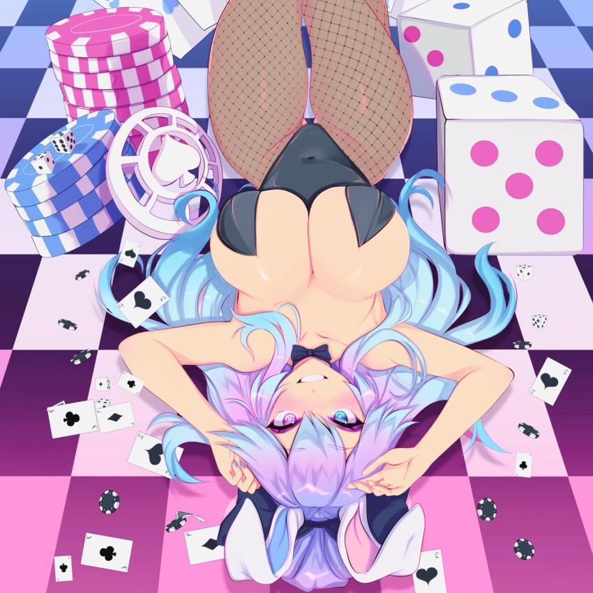 1girl alfyria animal_ears armpits bare_shoulders blue_hair breasts card cottontail_(vtuber) dice fake_animal_ears feet_out_of_frame fishnets gradient_background gradient_floor gradient_hair heterochromia highres large_breasts leotard long_hair multicolored_hair nail_polish on_floor pink_hair playboy_bunny poker poker_chip smile teeth virtual_youtuber
