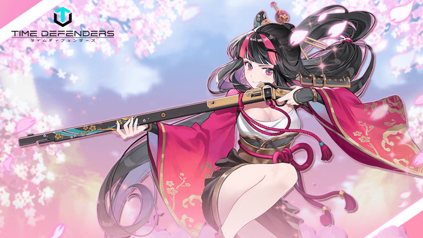 1girl aiming antique_firearm black_hair blunt_bangs breasts cherry_blossoms cleavage closed_mouth commentary_request copyright_name firearm firelock furisode gun hair_ornament highres holding holding_gun holding_weapon japanese_clothes kanzashi kimono long_hair looking_at_viewer matchlock multicolored_hair official_art ouka_(time_defenders) pink_hair pink_petals red_eyes second-party_source smile solo squatting streaked_hair thighs time_defenders very_long_hair weapon
