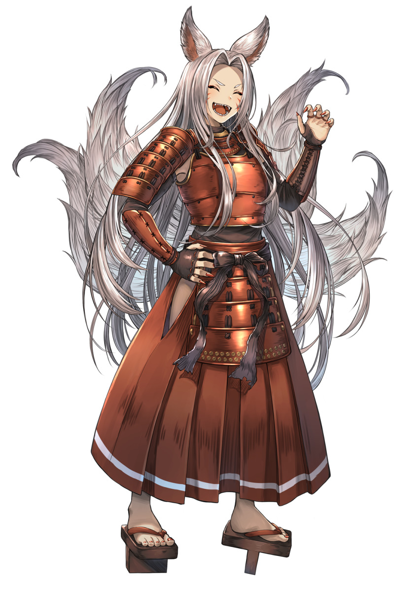 1girl animal_ears armor closed_eyes facial_mark fangs fox_ears fox_girl fox_tail full_body geta hakama hakama_skirt highres hip_vent japanese_armor japanese_clothes kote kusazuri long_hair multiple_tails open_mouth original red_hakama sandals shoulder_armor skirt sode solo standing tail tengu-geta white_hair yakkuro