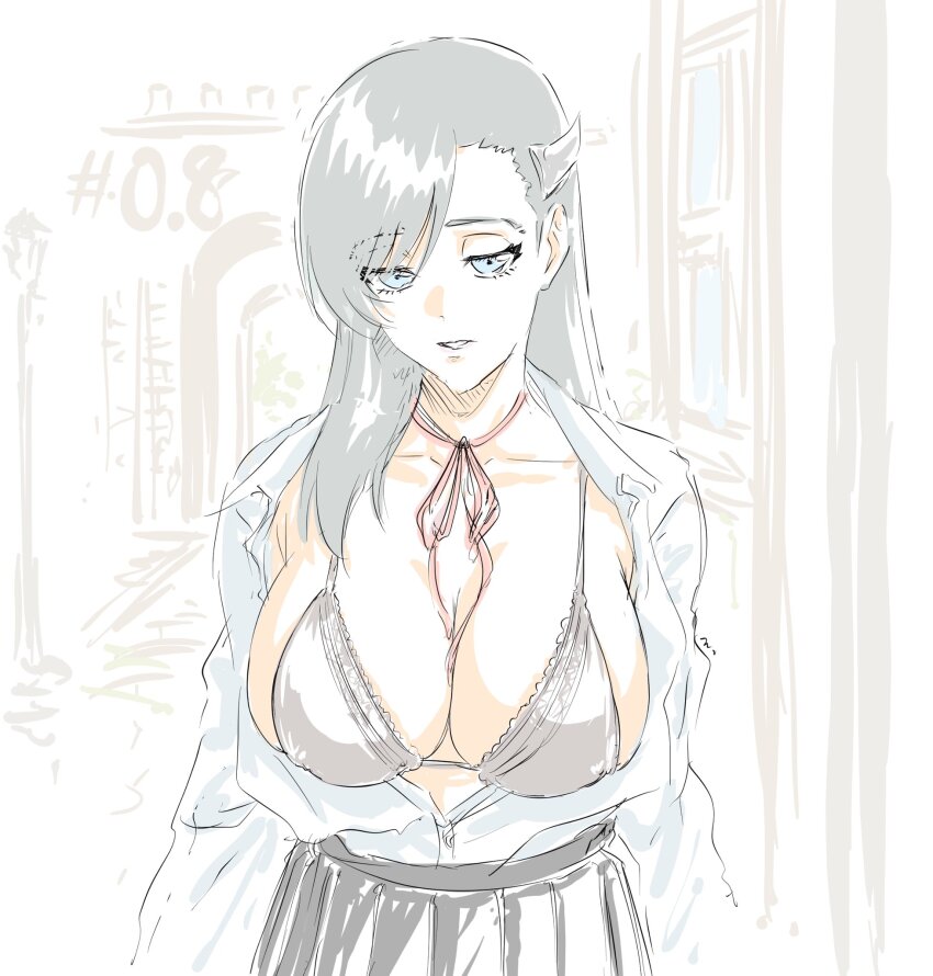 1girl arms_at_sides black_bra black_hair black_shirt blue_eyes bra breasts breasts_out burn_the_witch cleavage collared_shirt commentary_request cowboy_shot dress_shirt half-closed_eyes highres lace lace-trimmed_bra lace_trim large_breasts long_hair long_sleeves looking_at_viewer mitsugu neck_ribbon niihashi_noel open_clothes open_shirt parted_lips pleated_skirt red_ribbon ribbon shirt simple_background sketch skirt solo straight-on straight_hair swept_bangs underwear white_shirt