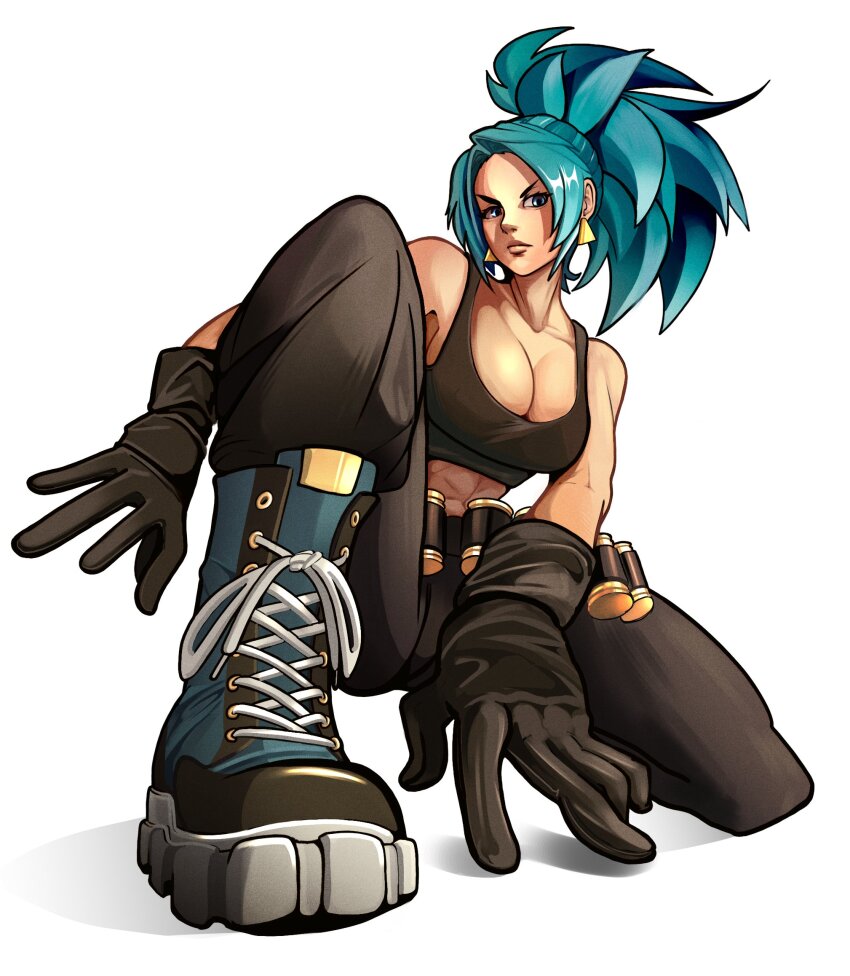 1girl ammunition_belt bare_shoulders black_gloves black_tank_top blue_eyes blue_hair boots breasts cargo_pants combat_boots earrings gloves highres jewelry kupdoodles leona_heidern midriff pants ponytail simple_background soldier solo tank_top the_king_of_fighters the_king_of_fighters_xiii triangle_earrings white_background
