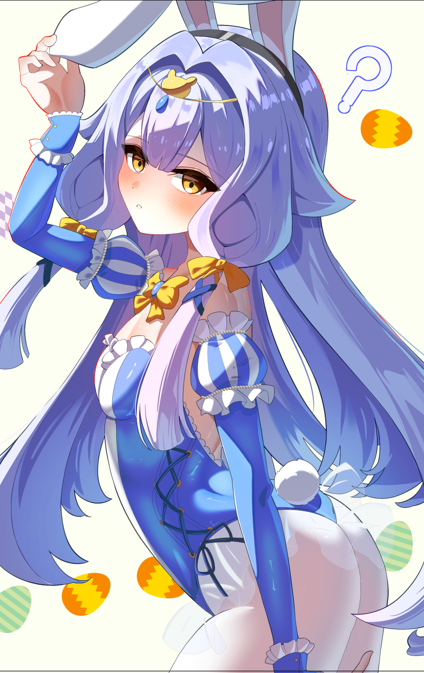 1girl ? absurdres alternate_costume animal_ears bare_shoulders black_hairband blue_corset blush breasts corset easter_egg egg eight_(eight3rd1) hair_ribbon hairband highres honkai_(series) honkai_impact_3rd leotard long_hair long_sleeves looking_at_viewer playboy_bunny rabbit rabbit_ears rabbit_tail ribbon see-through_clothes serapeum_(honkai_impact) simple_background small_breasts tail white_hair yellow_eyes yellow_ribbon