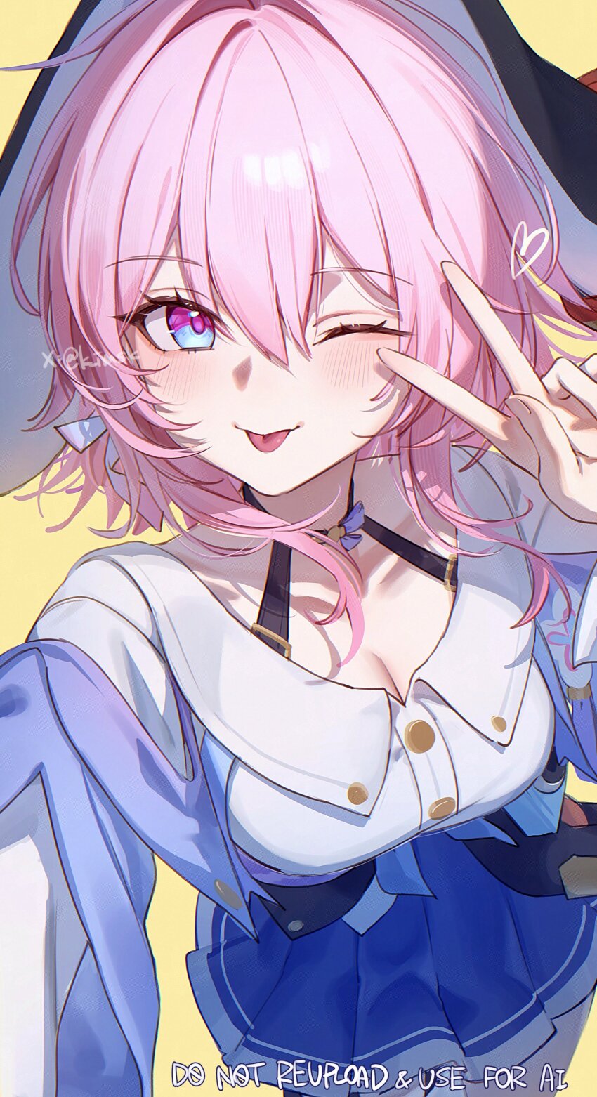 1girl absurdres blue_skirt breasts cleavage hair_between_eyes hand_up heart highres honkai:_star_rail honkai_(series) imasaki_kei long_sleeves looking_at_viewer march_7th_(honkai:_star_rail) multicolored_eyes one_eye_closed pink_hair simple_background skirt smile tongue tongue_out twitter_username v yellow_background