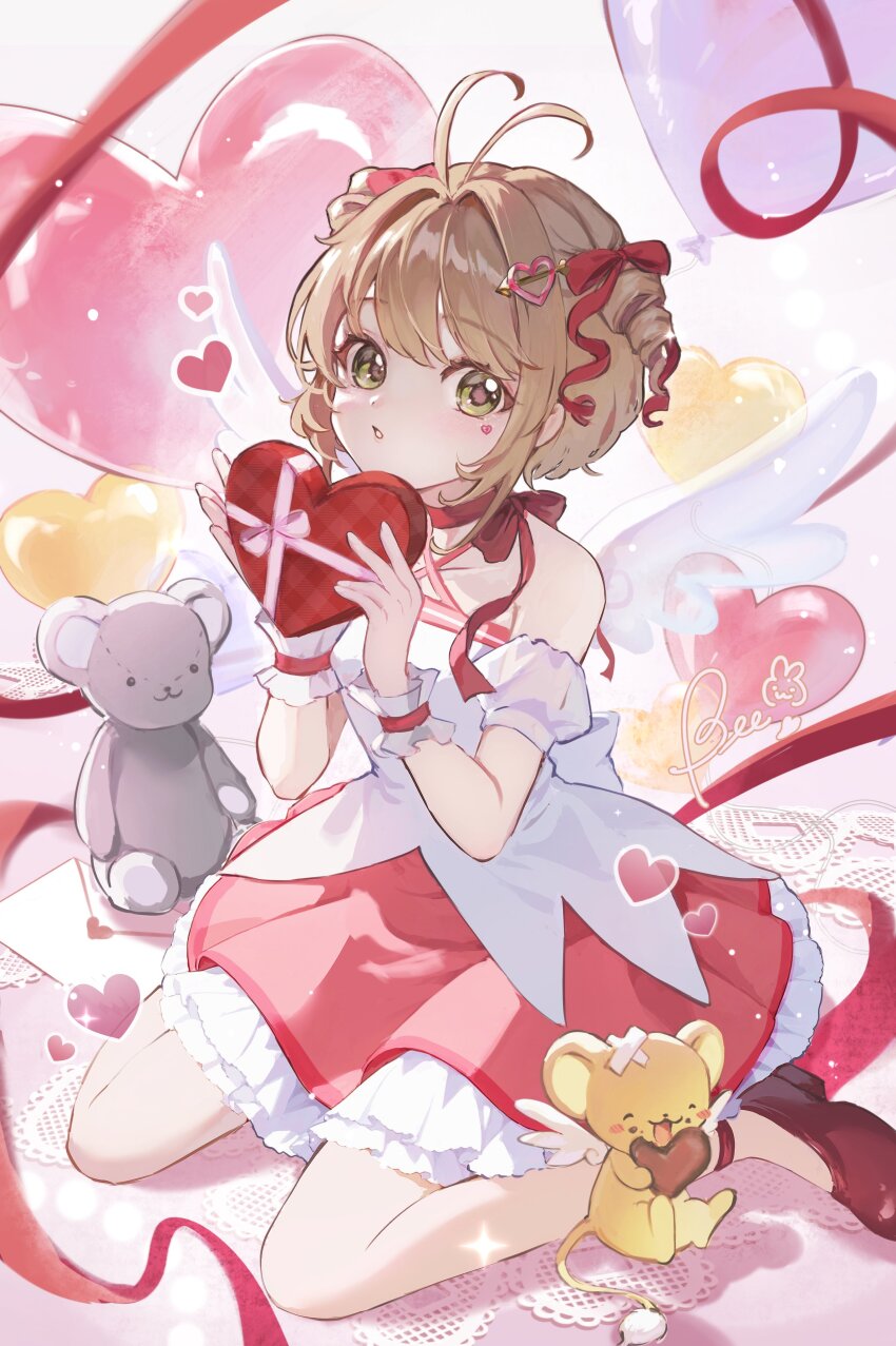 1girl absurdres antenna_hair balloon beebee1120 bow box brown_hair cardcaptor_sakura child detached_sleeves dress facial_mark frilled_dress frills green_eyes hair_between_eyes hair_bow hair_ornament hairclip half_updo heart heart-shaped_box heart_balloon heart_facial_mark heart_hair_ornament highres holding holding_heart kero_(cardcaptor_sakura) kinomoto_sakura looking_at_viewer medium_hair neck_ribbon parted_lips pink_ribbon red_bow red_ribbon ribbon sitting streamers valentine wariza white_wings white_wrist_cuffs wings wrist_cuffs