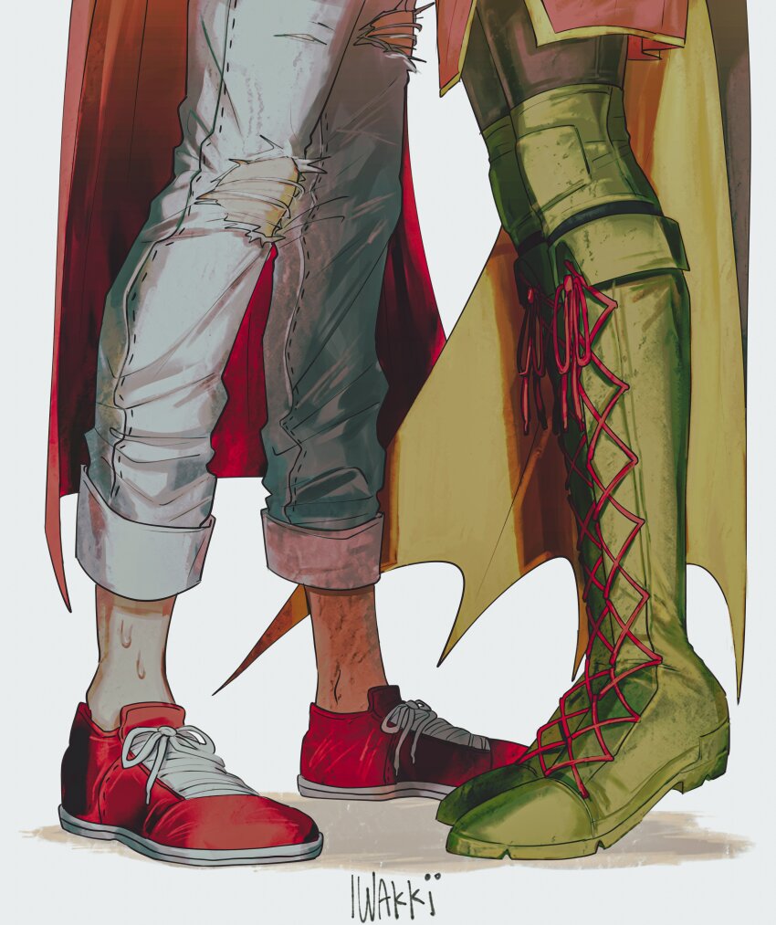 2boys absurdres artist_name cape commentary couple damian_wayne dc_comics denim english_commentary feet_only green_footwear height_difference highres implied_kiss implied_yaoi iwakki jeans jonathan_kent kiss lower_body multiple_boys pants red_cape red_footwear robin_(dc) standing super_sons superboy superhero_costume sweat tiptoe_kiss tiptoes torn_clothes torn_jeans torn_pants yaoi yellow_cape