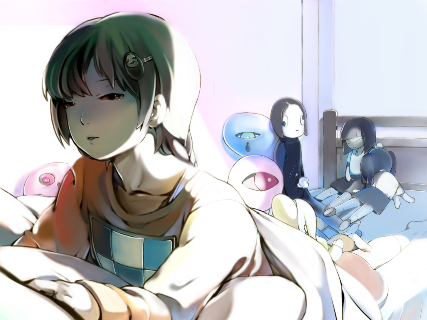 bad_id bad_pixiv_id bed braid brown_hair hair_ornament hairclip highres kasei-san kyukkyu-kun long_hair lying madotsuki monoe monoko nadashima_gy on_stomach orange_eyes sekomumasada_sensei solo stuffed_toy twintails uboa under_covers white_theme yume_nikki