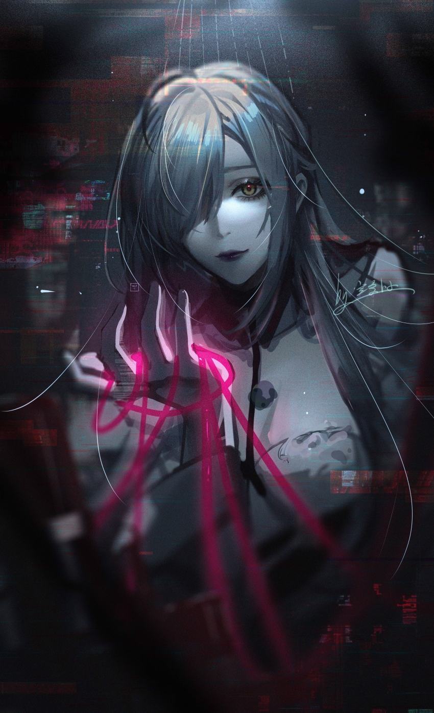 1girl absurdres asymmetrical_bangs breasts cleavage cyberspace dress eleven_(path_to_nowhere) glitch grey_hair hair_over_one_eye hand_up highres holding holding_leash kong_tiao_bo_zi large_breasts leash light_smile looking_at_viewer medium_breasts one_eye_covered path_to_nowhere pov purple_lips signature solo upper_body viewer_on_leash white_dress yellow_eyes