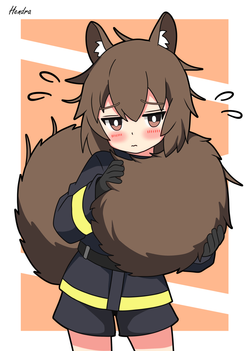 1girl absurdres animal_ear_fluff animal_ears arknights artist_name black_shorts blush bright_pupils brown_eyes brown_hair closed_mouth commentary_request cowboy_shot flying_sweatdrops hendra highres looking_at_viewer orange_background shaw_(arknights) shorts signature simple_background solo squirrel_ears squirrel_girl squirrel_tail tail white_pupils