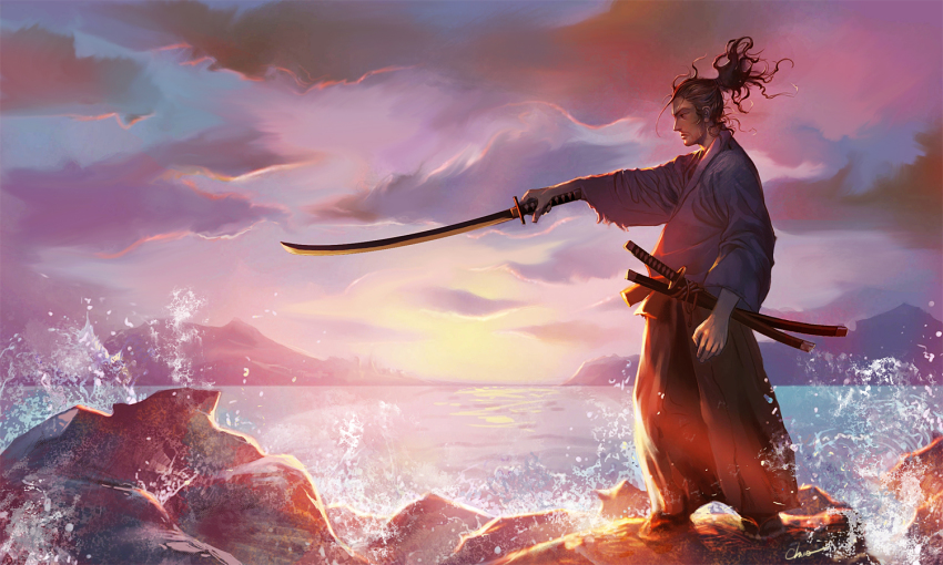 1boy aiden(chi777666) beard cloud facial_hair hakama hakama_pants holding holding_sword holding_weapon japanese_clothes katana long_hair long_skirt long_sleeves male_focus miyamoto_musashi ocean outdoors outstretched_arm pants ponytail red_skirt rock samurai scar signature skirt sky solo sunset sword vagabond water waves weapon