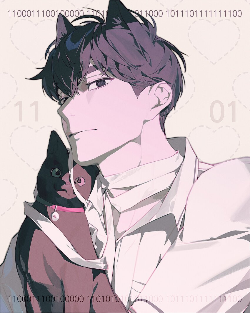 1boy absurdres animal_ears bandaged_neck bandages black_cat black_eyes black_hair cat cat_ears closed_mouth collar hair_between_eyes hamin_(plave) highres k-pop korean_commentary looking_at_viewer male_focus nakddidi plave red_collar shirt short_hair solo upper_body white_shirt