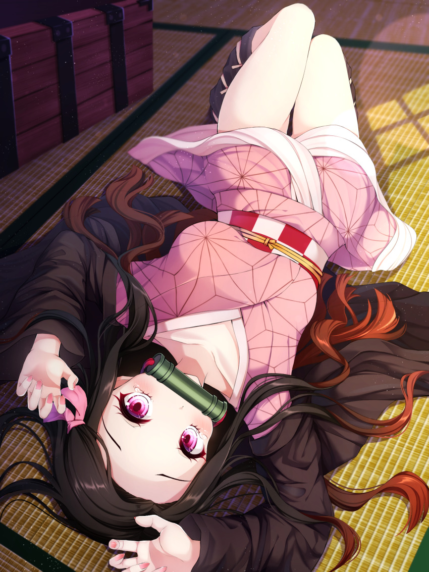 1girl arms_up bamboo bit_gag black_hair black_legwear blurry blurry_background blush breasts brown_hair checkered_sash collarbone commentary_request depth_of_field female_focus fingernails forehead gag gradient_hair hair_ribbon highres japanese_clothes kamado_nezuko kimetsu_no_yaiba kimono knees_up long_hair long_sleeves looking_at_viewer lying medium_breasts mouth_hold multicolored_hair nail_polish obi on_back open_clothes parted_bangs pink_kimono pink_nails pink_ribbon purple_eyes ribbon sash shiira_(nya_rl) solo tears very_long_hair wide_sleeves