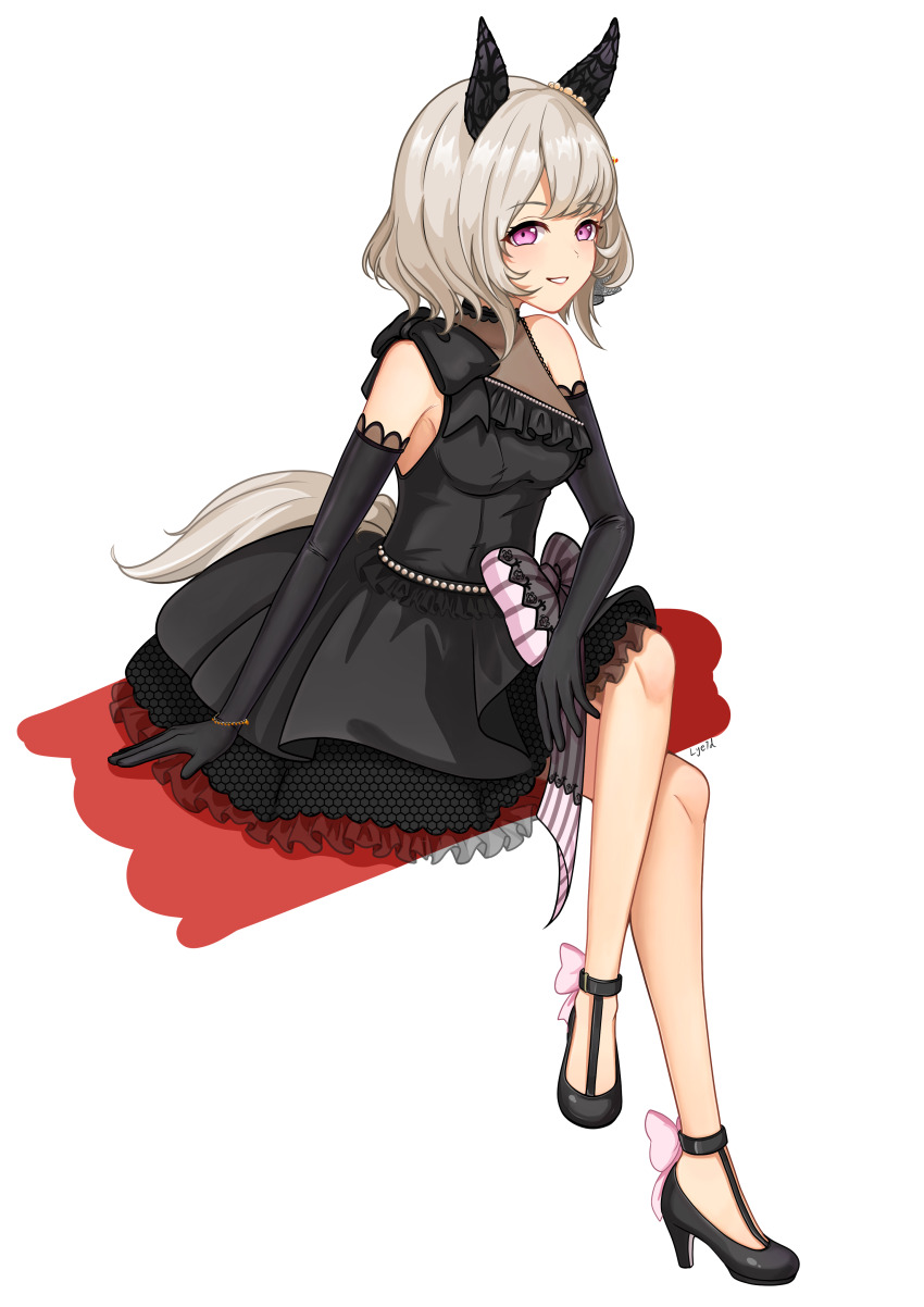 1girl absurdres animal_ears black_dress black_gloves black_shoes blush bow breasts commentary_request cowboy_shot curren_chan_(sakutsuki_ma_cherie)_(umamusume) curren_chan_(umamusume) dress ear_covers ear_ornament elbow_gloves full_body gloves grey_hair high_heels highres horse_ears horse_girl horse_tail lye7d medium_breasts official_alternate_costume open_mouth pink_bow purple_eyes shoes short_hair simple_background single_bare_shoulder smile solo tail teeth umamusume upper_teeth_only white_background