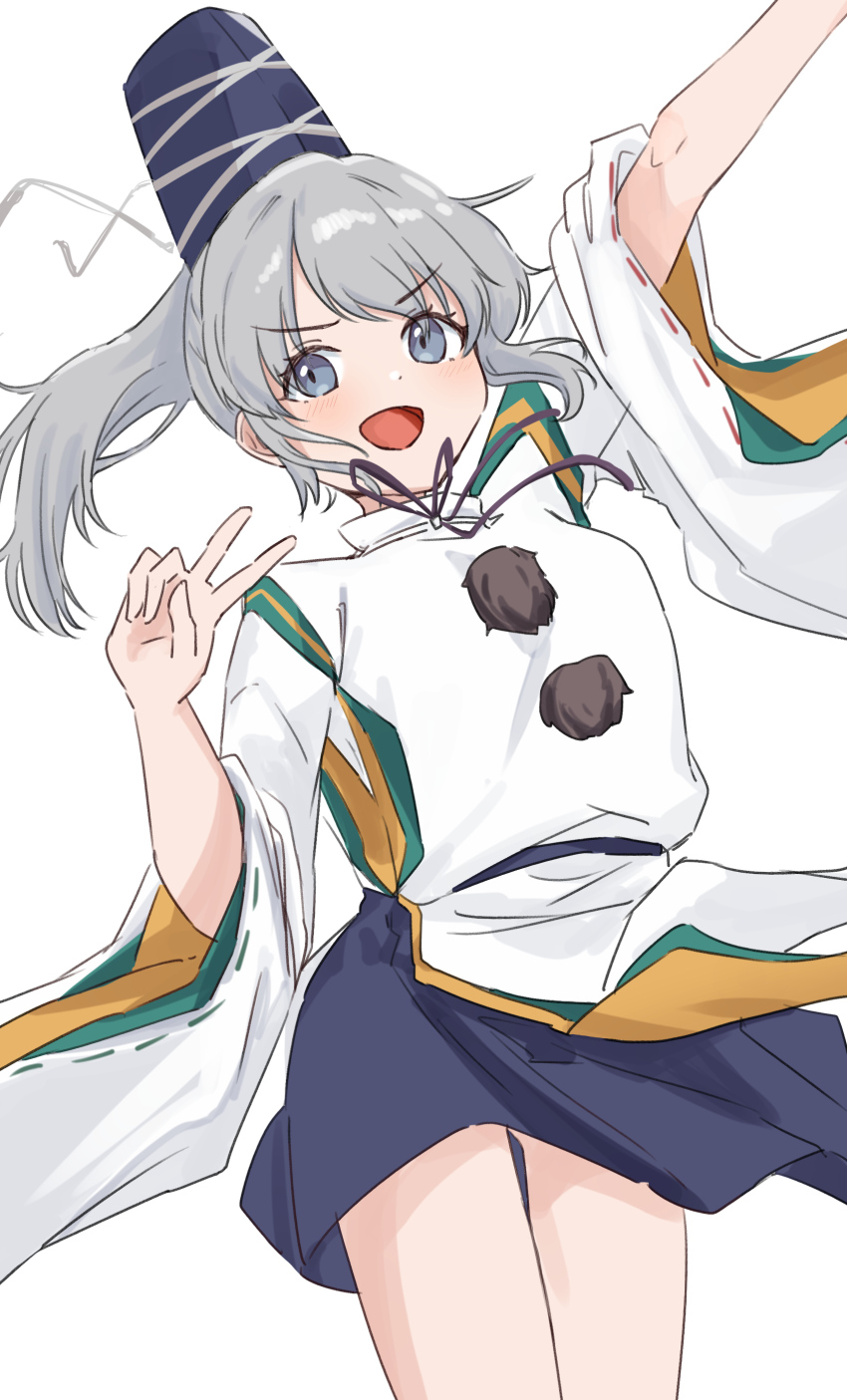 1girl absurdres arm_up blue_hat blue_skirt commentary grey_eyes hat highres japanese_clothes kariginu looking_at_viewer miniskirt mononobe_no_futo nise6 open_mouth ribbon-trimmed_sleeves ribbon_trim simple_background skirt solo tate_eboshi touhou v white_background white_hair wide_sleeves