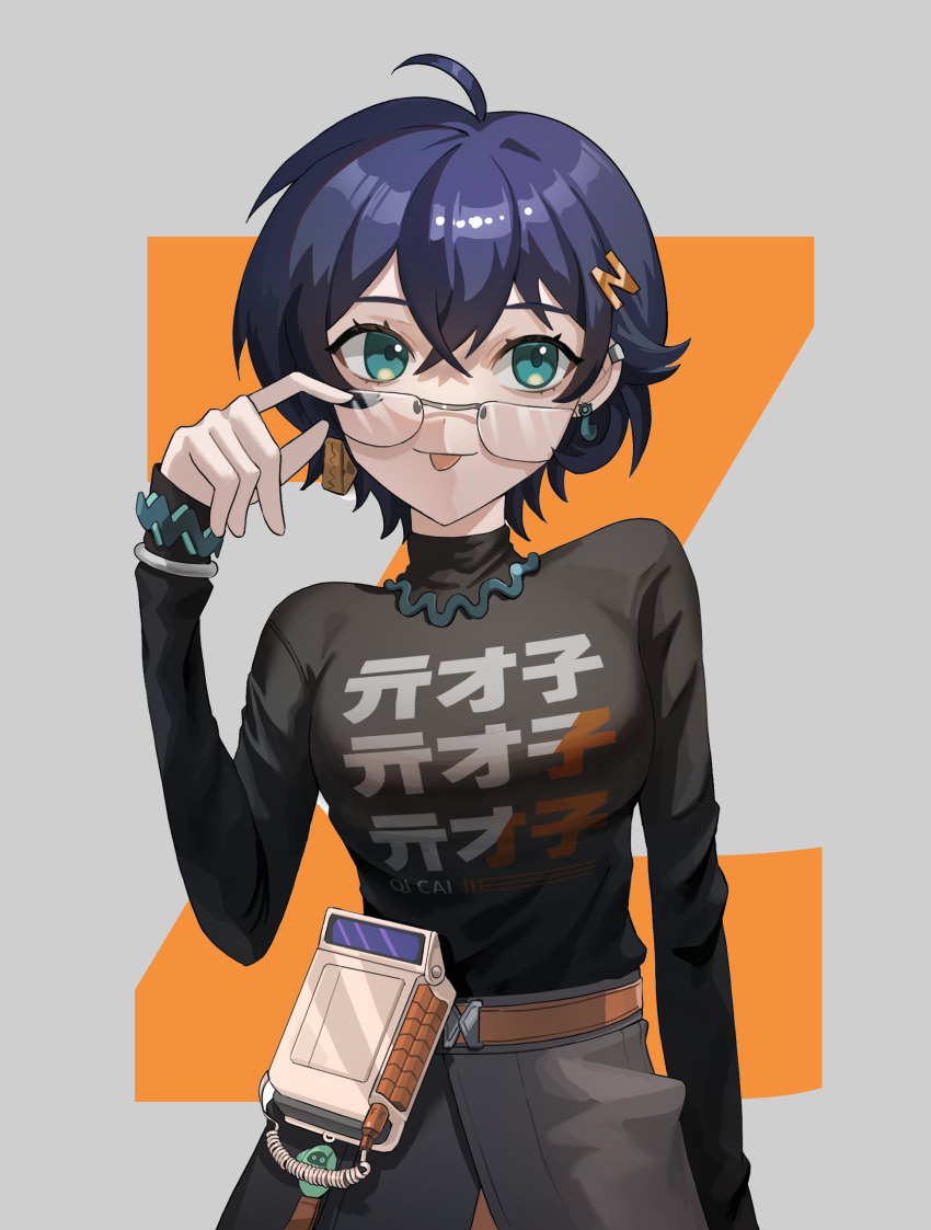 1girl :p absurdres adjusting_eyewear ahoge belle_(zenless_zone_zero) belt black_shirt blue_hair bracelet brown_belt earrings eyelashes glasses green_eyes grey_background grey_pants hair_ornament hand_on_eyewear highres jewelry long_sleeves looking_at_viewer mismatched_earrings pants shirt short_hair simple_background smile solo tongue tongue_out turtleneck turtleneck_shirt user_nset2884 zenless_zone_zero