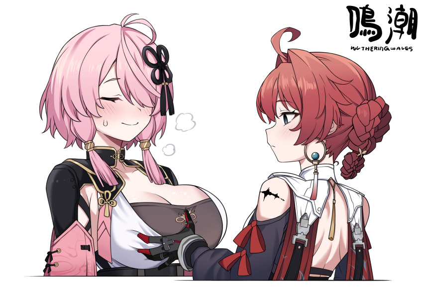 0haribo0 2girls absurdres ahoge black_collar black_eyes black_gloves blush breast_envy breasts closed_mouth clothing_cutout collar collarbone commentary_request danjin_(wuthering_waves) earrings empty_eyes folded_braid gloves grabbing_another&#039;s_breast groping hair_ornament highres hoop_earrings jewelry large_breasts looking_at_breasts multiple_girls pink_hair red_hair short_hair shoulder_blades shoulder_cutout smile sweatdrop tacet_mark_(wuthering_waves) taoqi_(wuthering_waves) upper_body white_collar wuthering_waves