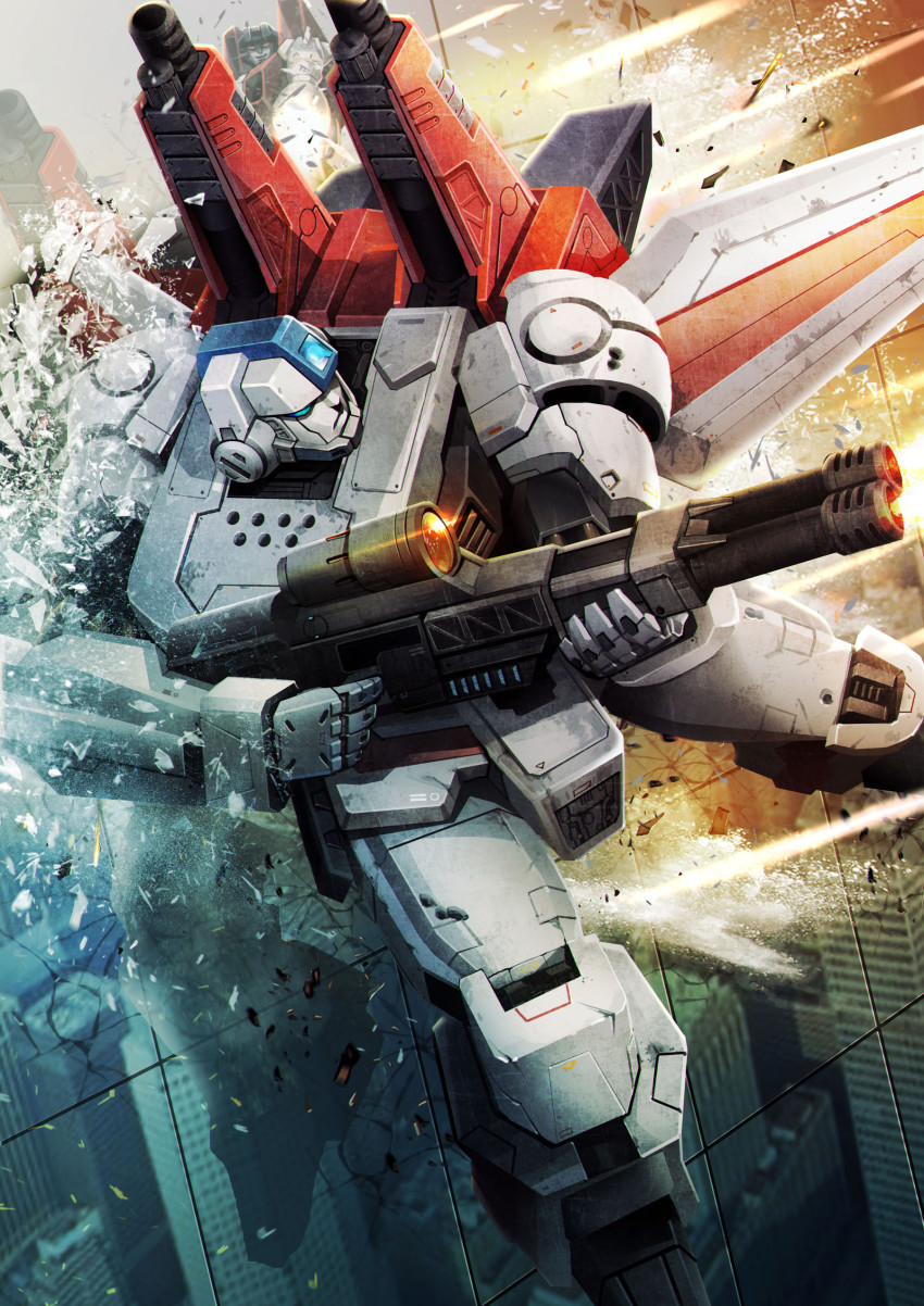 absurdres ambush arm_cannon autobot battle beam_rifle blue_eyes building cityscape commentary damaged debris decepticon dirty energy_beam energy_cannon energy_gun english_commentary firing flying glass highres jetfire lens_flare mecha red_eyes reflection robot shattered sparks starscream transformers weapon when_you_see_it window zhuyukun2003