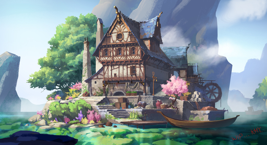 barrel basket boat cherry_blossoms cloud cloudy_sky european_architecture house island kmydoodler no_humans ocean original scenery sky tree vase water water_wheel watercraft