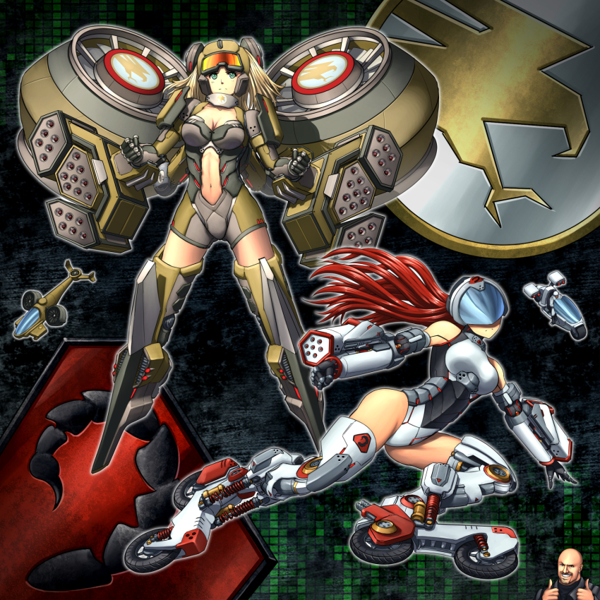 1boy 2girls aqua_eyes arm_mounted_weapon bare_shoulders blonde_hair breasts clenched_hands command_&amp;_conquer commentary covered_eyes creature_and_personification cyborg double_thumbs_up english_commentary facing_viewer goggles goggles_on_head highres inline_skates long_hair looking_at_viewer mecha_musume mechanical_arms mechanical_legs medium_breasts missile_pod multiple_girls personification red_hair roller_skates skates substance20 thumbs_up