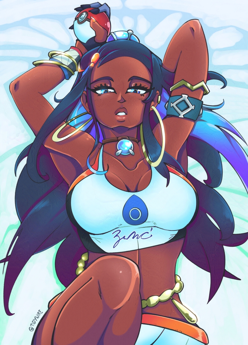 1girl absurdres black_hair blue_eyes breasts cleavage collarbone commentary crop_top dark-skinned_female dark_skin earrings english_commentary gloves gold_armlet hair_bun highres holding holding_poke_ball hoop_earrings jewelry knee_up large_breasts long_hair looking_at_viewer lying multicolored_hair necklace nessa_(pokemon) nintendo on_bed parted_lips partially_fingerless_gloves poke_ball poke_ball_(basic) pokemon pokemon_swsh shirt shorts single_hair_bun sleeveless sleeveless_shirt solo teeth tidywire twitter_username two-tone_hair white_shirt white_shorts