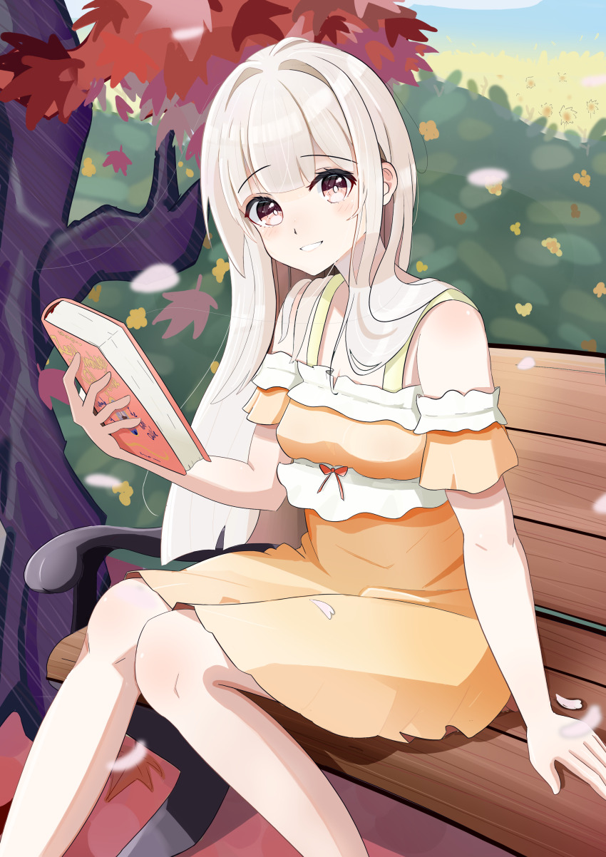 1girl absurdres bench book cherry_blossoms clanel_de_wargham dress flower frills highres holding holding_book light_smile long_hair looking_at_viewer maple_tree non-web_source on_bench orange_dress orange_eyes original osmanthus red_ribbon ribbon sitting solo sunflower tree white_hair
