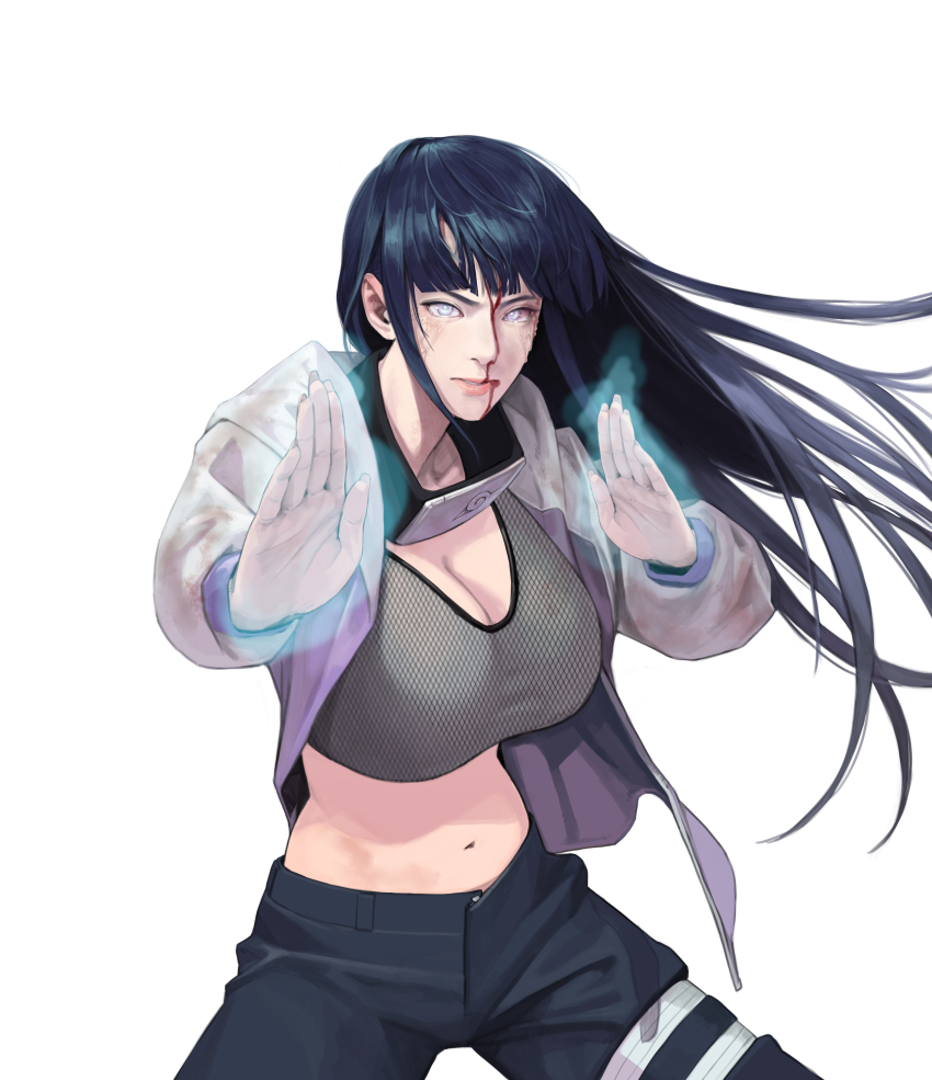 1girl absurdres bandana bandana_around_neck black_hair black_pants blood blood_on_face breasts byakugan cleavage crop_top emnk5833 energy fighting_stance fishnet_top fishnets floating_hair highres hyuuga_hinata injury jacket konohagakure_symbol large_breasts lips long_hair looking_at_viewer midriff naruto:_road_to_ninja naruto_(classic) naruto_(series) naruto_shippuuden navel open_clothes open_hands open_jacket pants parted_lips simple_background solo stomach v-shaped_eyebrows veins white_background white_eyes white_jacket