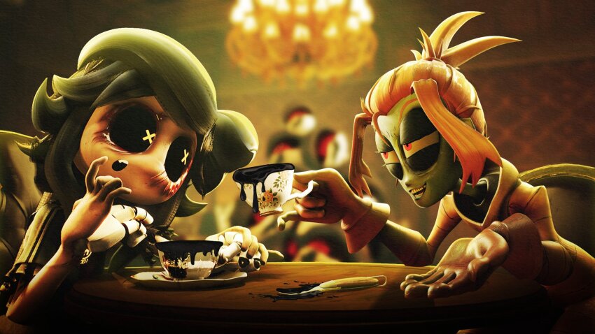 2girls 3d absurdres black_sclera bodysuit colored_sclera cup cyn_(murder_drones) female_focus glitch_productions gloves highres looking_at_another medium_hair melancholy_hill multiple_girls murder_drones official_art orange_hair red_eyes robot skinsuit symbol-shaped_pupils teacup the_gaslight_district upper_body x_x