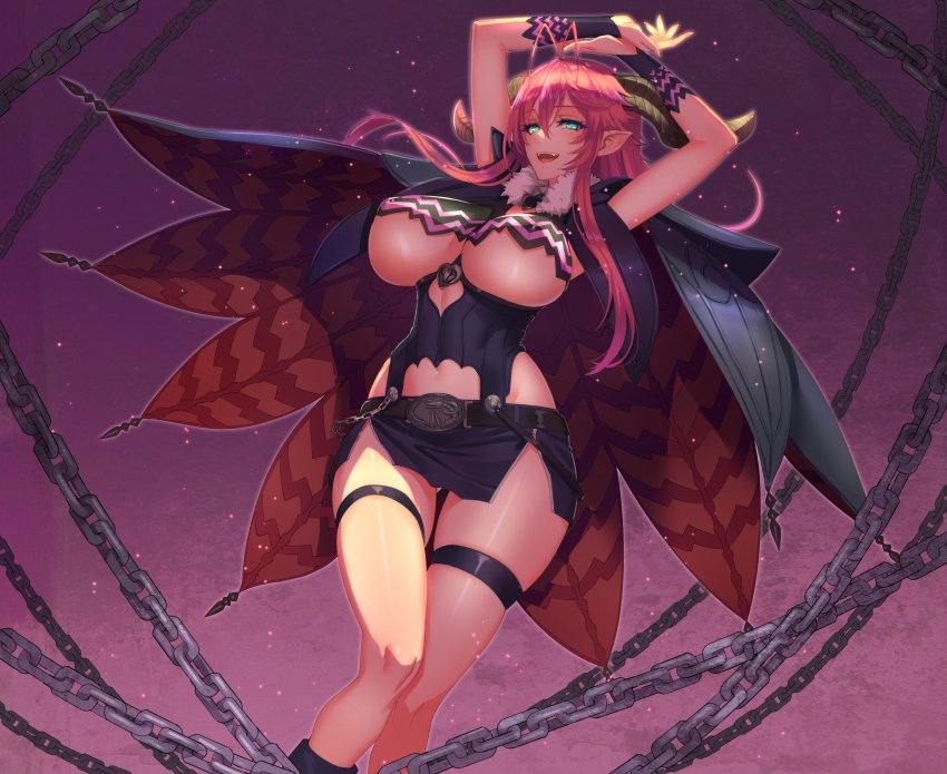 1girl antenna_hair arms_up asmodeus_(sin_nanatsu_no_taizai) asmodeus_(the_seven_deadly_sins) belt blush breasts cape chain covered_erect_nipples damegane demon_girl fangs female_focus green_eyes highres horns large_breasts long_hair navel open_mouth pencil_skirt pink_hair pointy_ears sin_nanatsu_no_taizai skirt solo the_seven_deadly_sins thigh_strap underboob