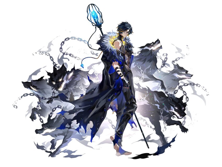 1boy alchemy_stars arm_belt belt black_coat black_gloves black_hair black_pants black_shirt blue_socks chain chinese_commentary closed_mouth coat fingerless_gloves full_body fur-trimmed_coat fur_trim gloves highres holding holding_staff hydrad_(alchemy_stars) looking_at_viewer looking_to_the_side no_shoes pants qing_ning_elsa shirt short_hair simple_background sleeveless sleeveless_shirt socks solo staff toeless_legwear turtle walking white_background wolf