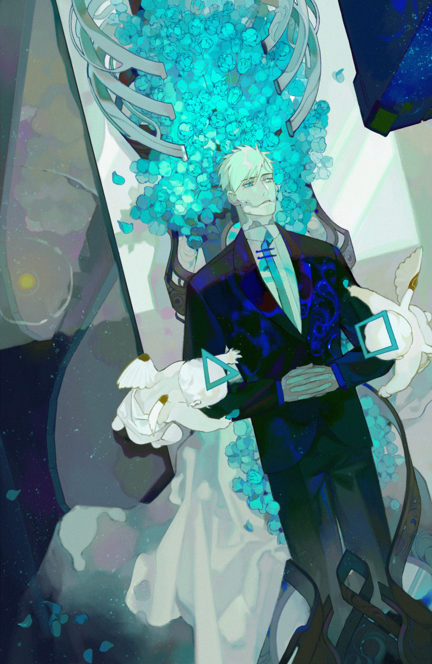 1boy absurdres angel angel_wings aqua_eyes aqua_flower aqua_necktie black_jacket flower formal_clothes halo highres jacket male_focus necktie original own_hands_together petals shirt short_hair solo_focus square suit triangle white_hair white_shirt wings xiaoquandianer