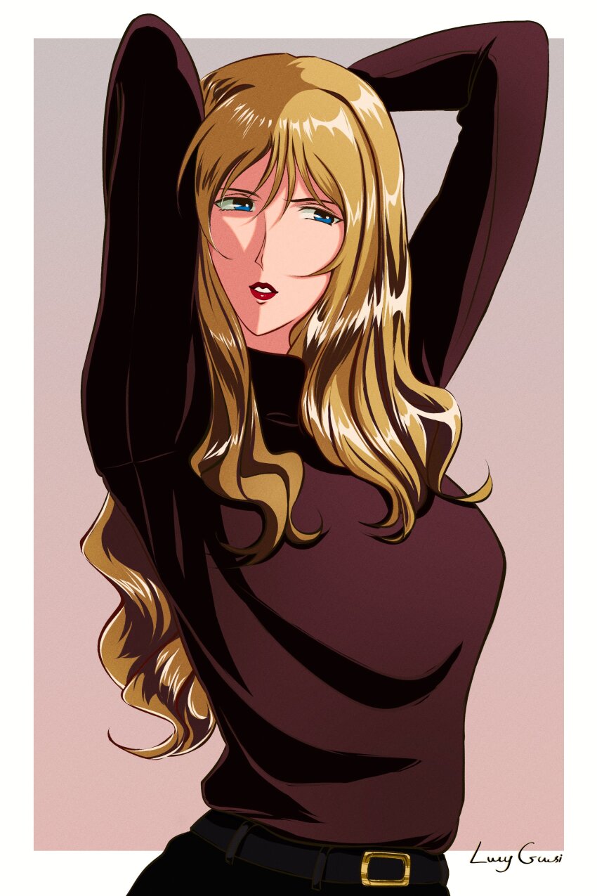 absurdres blonde_hair blue_eyes cowboy cowboy_bebop highres julia_(cowboy_bebop) lucyguusi sweater turtleneck turtleneck_sweater western