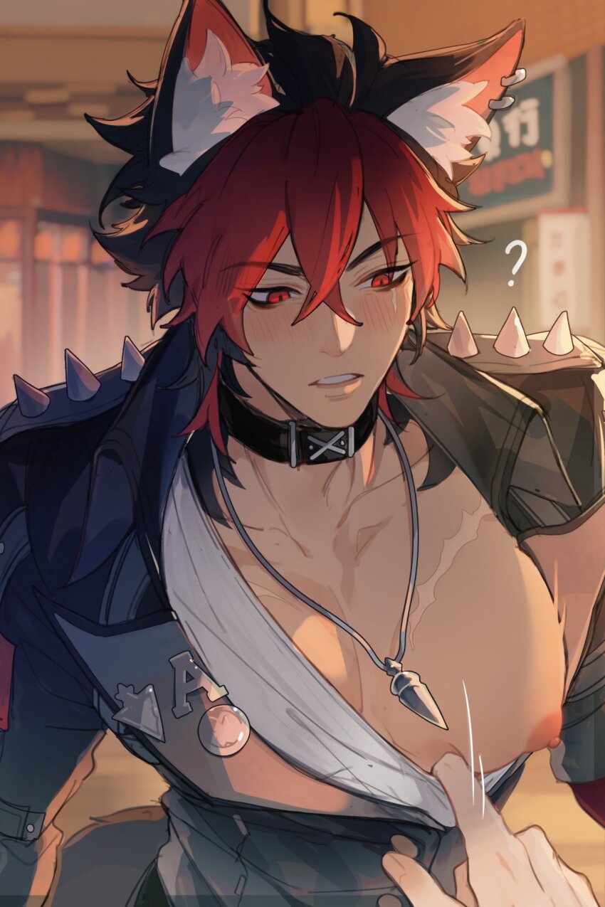 1boy ? animal_ears black_choker black_hair black_jacket blush choker collarbone commentary ear_piercing g_mi_18 hair_between_eyes highres jacket jewelry komano_manato large_pectorals male_focus multicolored_hair muscular muscular_male necklace nipples open_clothes open_jacket out_of_frame pectorals piercing red_eyes red_hair scar scar_on_chest scar_on_face shirt short_hair solo_focus teeth white_shirt zenless_zone_zero