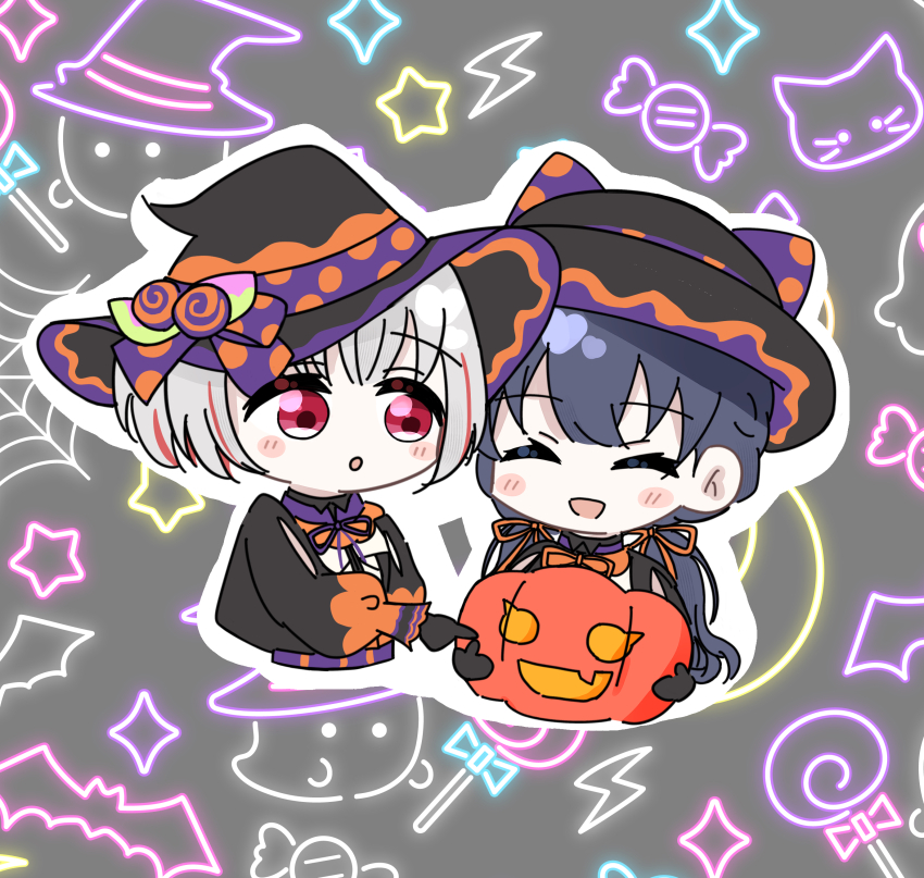 2girls :d ^_^ absurdres black_ribbon blue_hair blush bob_cut closed_eyes colored_inner_hair commentary_request cropped_torso deformed grey_background grey_hair hair_ribbon halloween_bucket hat highres holding inverted_bob link!_like!_love_live! long_hair long_sleeves looking_at_another love_live! low_twintails magu_(cv_mgmgcup) multicolored_hair multiple_girls murano_sayaka neck_ribbon neon_lights official_alternate_costume open_mouth orange_ribbon outline puffy_long_sleeves puffy_sleeves red_eyes red_hair ribbon short_hair smile streaked_hair trick_&amp;_cute_(love_live!) twintails virtual_youtuber white_outline witch_hat yugiri_tsuzuri
