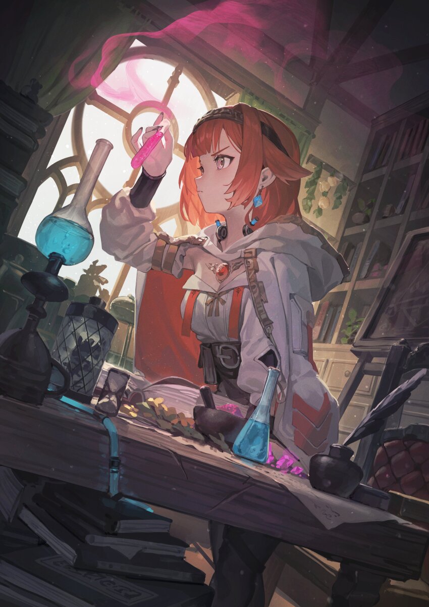 1girl absurdres air_bubble alchemy belt belt_pouch black_pants blue_gemstone blunt_bangs blush book bookshelf breasts bubble chair chalkboard cinnia_antimony cleavage cloak closed_mouth colored_smoke commentary cowboy_shot curtains detached_sleeves earrings english_commentary erlenmeyer_flask flask frown gem hair_flaps hairband highres holding holding_test_tube hood hooded_cloak hourglass indie_virtual_youtuber indoors ink inkwell jar jewelry library looking_at_object medium_breasts medium_hair mortar_(bowl) mr.lime open_book pants paper pestle pile_of_books pink_gemstone colored_smoke plant potted_plant pouch quill red_eyes red_gemstone red_hair science shirt smoke solo strapless strapless_shirt sunlight test_tube virtual_youtuber white_cloak window