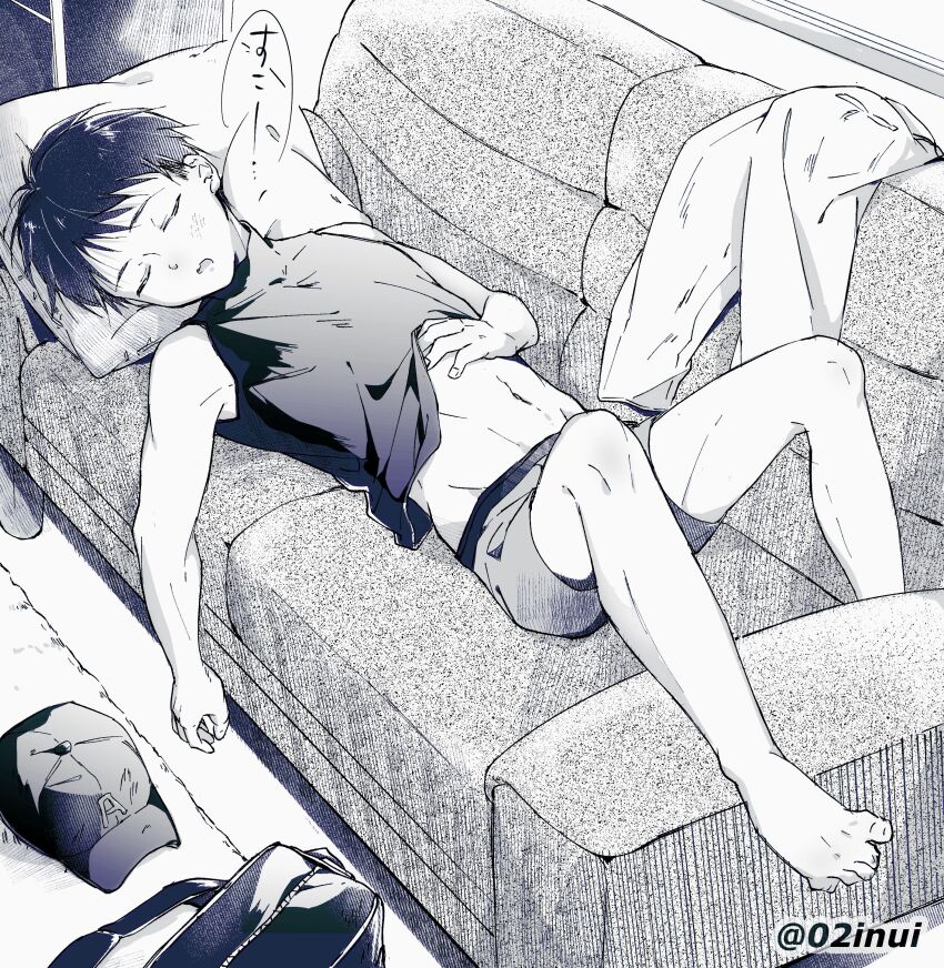 02inui 1boy absurdres barefoot clothes_lift hat highres lying male_focus midriff_peek monochrome on_back open_mouth original shirt shirt_lift short_hair sleeping sleeveless sleeveless_shirt solo underwear
