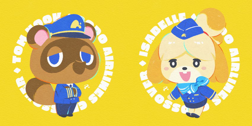 1boy 1girl animal_crossing animal_ears blue_eyes crossed_arms dog_ears dog_girl dog_tail hat highres isabelle_(animal_crossing) nintendo open_mouth pilot_uniform raccoon_boy raccoon_ears raccoon_tail roy_(pixiv992911) tail tom_nook_(animal_crossing) travel_attendant yellow_background