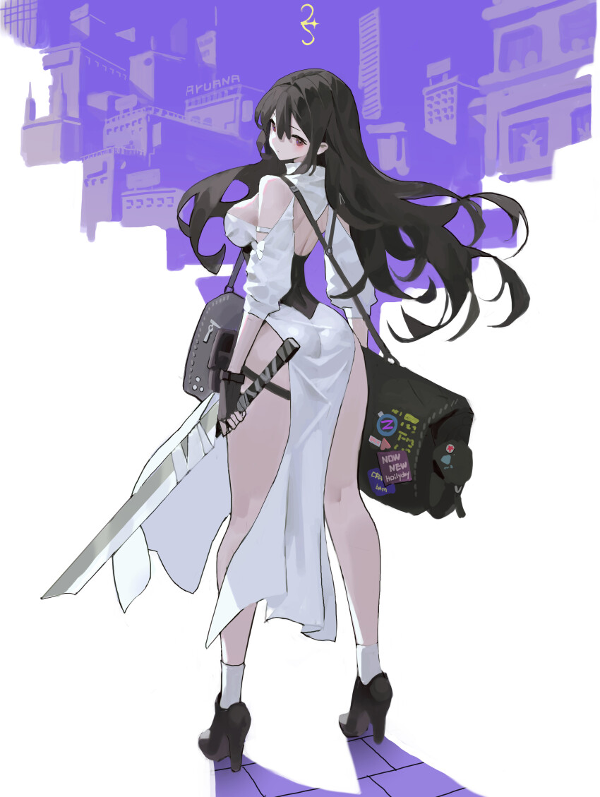 1girl absurdres ankle_socks arowana2111 artist_name ass backless_dress backless_outfit bag black_gloves black_hair black_shoes breasts brown_eyes closed_mouth clothing_cutout commentary dated_commentary dress duffel_bag english_commentary fingerless_gloves floating_hair from_behind gloves hair_between_eyes high_heels highres holding holding_sword holding_weapon large_breasts long_hair looking_at_viewer looking_back original pelvic_curtain shadow shoes shoulder_cutout socks solo standing sword thigh_strap three-quarter_sleeves very_long_hair weapon white_dress white_socks