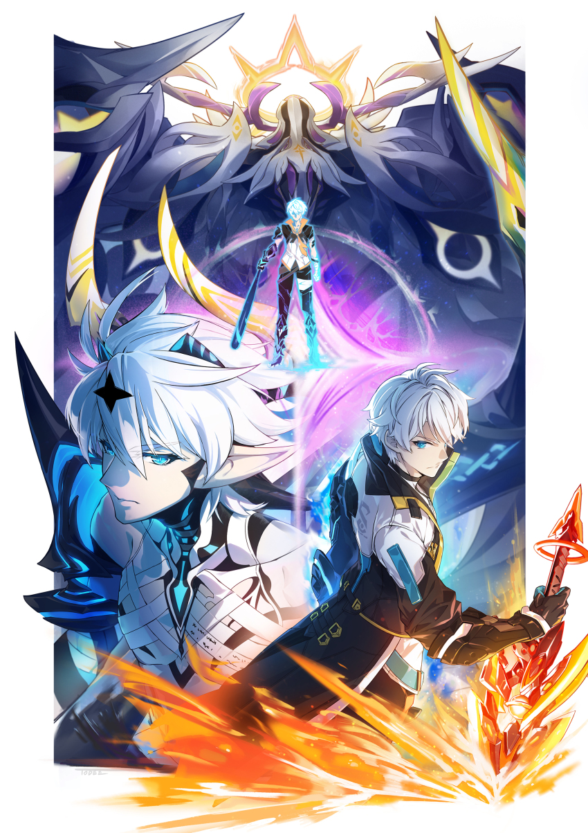 1boy absurdres baseball_bat black_coat black_gloves black_pants blue_eyes closed_mouth coat cocoon_of_finality_(honkai_impact) commentary kevin_kaslana_(diabolic) fire gloves greatsword highres holding holding_baseball_bat holding_sword holding_weapon honkai_(series) honkai_impact_3rd kevin_kaslana male_focus neckerchief pants pointy_ears serious shirt short_hair sword todee very_short_hair weapon white_hair white_shirt yellow_neckerchief
