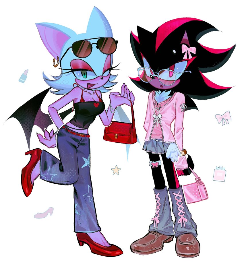 1boy 1girl :d :o absurdres animal_ears animal_nose bat_ears bat_girl bat_wings belt black_fur black_tank_top body_fur bow bracelet breasts brown_shoes cardigan cleavage crossdressing denim earrings eyeshadow eyewear_on_head full_body furry furry_female furry_male glasses gold_bracelet green_eyes grey_leg_warmers grey_skirt hand_on_own_hip highres jeans jewelry leg_up leg_warmers looking_at_viewer makeup necklace open_mouth pants pink_bag pink_bow pink_cardigan pink_ribbon pink_shirt red_bag red_belt red_eyes red_eyeshadow red_fur red_shoes ribbon rouge_the_bat sa1k_a shadow_the_hedgehog shirt shoes simple_background skirt smile sonic_(series) standing sunglasses tank_top two-tone_fur white_background white_fur white_hair wings