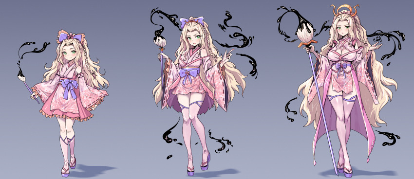 1girl absurdres age_progression blush bow braid breasts cleavage commentary commission crossed_legs dress english_commentary flat_chest green_eyes hair_behind_ear hair_bow headdress highres holding holding_paintbrush holding_staff large_breasts long_hair looking_at_viewer medium_breasts opcrom open_mouth original paintbrush pink_dress pink_thighhighs platform_footwear pointing purple_bow purple_footwear smile smug staff thighhighs v-shaped_eyebrows very_long_hair