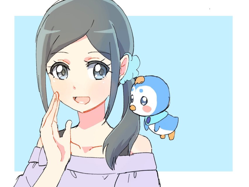 1girl azuma_yukihiko bare_shoulders black_eyes black_hair eyelashes hair_ornament hair_scrunchie happy healin&#039;_good_precure highres long_hair open_mouth parted_bangs pegitan_(precure) ponytail precure sawaizumi_chiyu scrunchie side_ponytail sketch solo talking