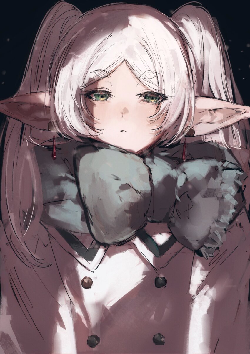 1girl aqua_scarf black_background buttons coat double-breasted earrings elf frieren green_eyes highres jewelry light_blush looking_at_viewer moku_(muooku) parted_bangs parted_lips pointy_ears scarf solo sousou_no_frieren thick_eyebrows twintails upper_body white_coat white_hair