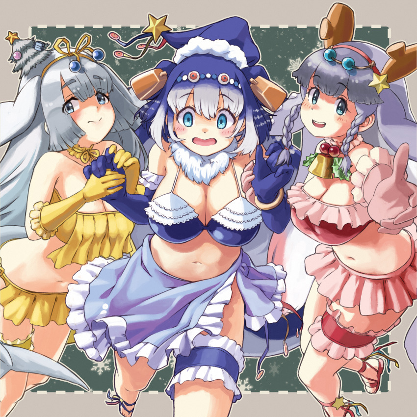 3girls absurdres american_manatee_(kemono_friends) bikini blue_eyes blue_hair breasts cetacean_tail choker christmas christmas_ornaments cleavage dugong_(kemono_friends) elbow_gloves fins fish_tail frills gloves grey_hair head_fins highres kemono_friends large_breasts long_hair looking_at_viewer multiple_girls navel ribbon sandals santa_costume sarong simple_background steller&#039;s_sea_cow_(kemono_friends) swimsuit tail toriny