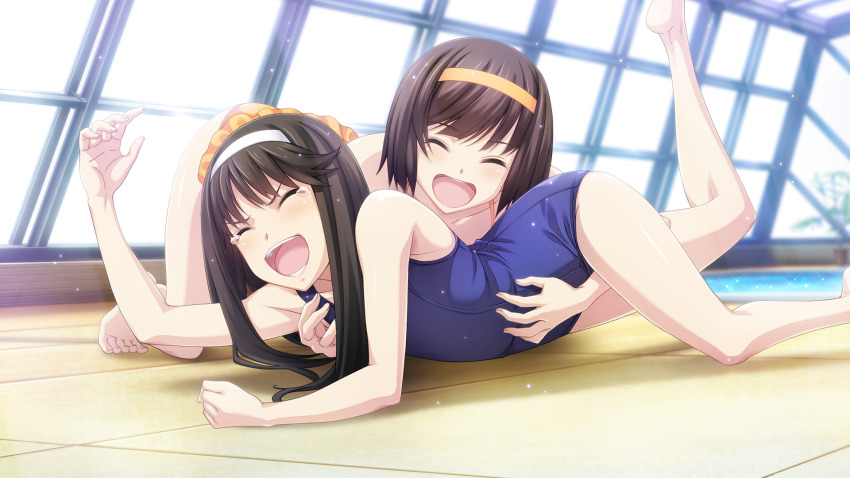 1boy 1girl armband barefoot bikini bikini_skirt black_hair blue_one-piece_swimsuit blunt_bangs brother_and_sister brown_hair chaos;child chaos;child_love_chu_chu!! closed_eyes collarbone crossdressing flat_chest frilled_bikini frills game_cg hairband happy_tears highres indoors laughing light_particles long_hair non-web_source official_art one-piece_swimsuit open_mouth orange_bikini pool poolside rei_no_pool sasaki_mutsumi school_swimsuit short_hair siblings sidelocks smile swimsuit tachibana_yui tachibana_yuuto tears teeth tickling tickling_sides tickling_stomach tongue trap water white_armband white_hairband yellow_armband