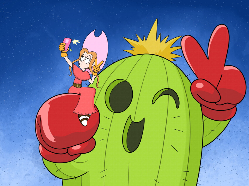 boxing_gloves cactus cellphone digimon digimon_(creature) digimon_adventure highres phone plant selfie smartphone spines tachikawa_mimi time_paradox togemon