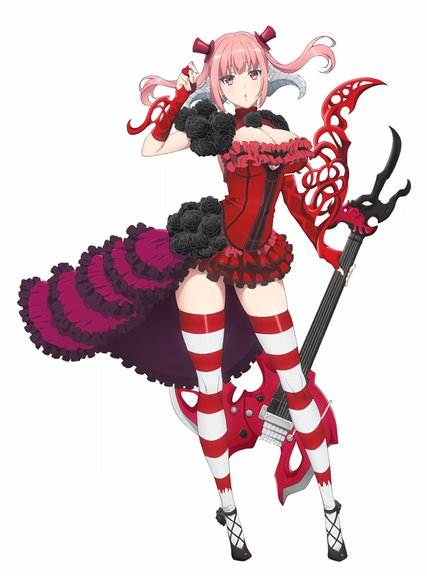 1girl astaroth_(sin_nanatsu_no_taizai) astaroth_(the_seven_deadly_sins) breasts cleavage demon_girl dress dress_shirt flower full_body gloves guitar hat highres horns instrument large_breasts looking_at_viewer nishii_(damnedrive) official_art pink_eyes pink_hair pointy_ears red_dress shirt short_hair sin_nanatsu_no_taizai solo standing the_seven_deadly_sins thighhighs