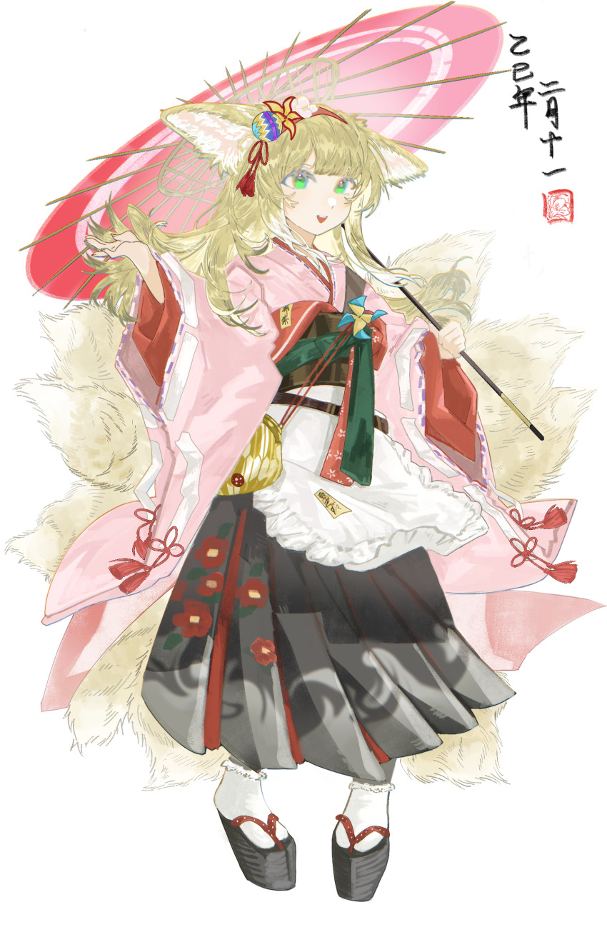 1girl :d absurdres an_shiliu animal_ears ankle_socks arknights black_skirt blonde_hair chinese_commentary chromatic_aberration commentary_request green_eyes hair_ornament hairband highres holding holding_umbrella japanese_clothes kimono long_hair long_sleeves looking_at_viewer multiple_tails official_alternate_costume oil-paper_umbrella okobo open_mouth parasol pink_kimono platform_sandals pleated_skirt red_hairband ribbon-trimmed_kimono ribbon-trimmed_sleeves ribbon_trim sandals short_kimono simple_background skirt smile socks solo suzuran_(arknights) suzuran_(yukibare)_(arknights) tabi tail tassel tassel_hair_ornament umbrella white_background white_socks yellow_tail