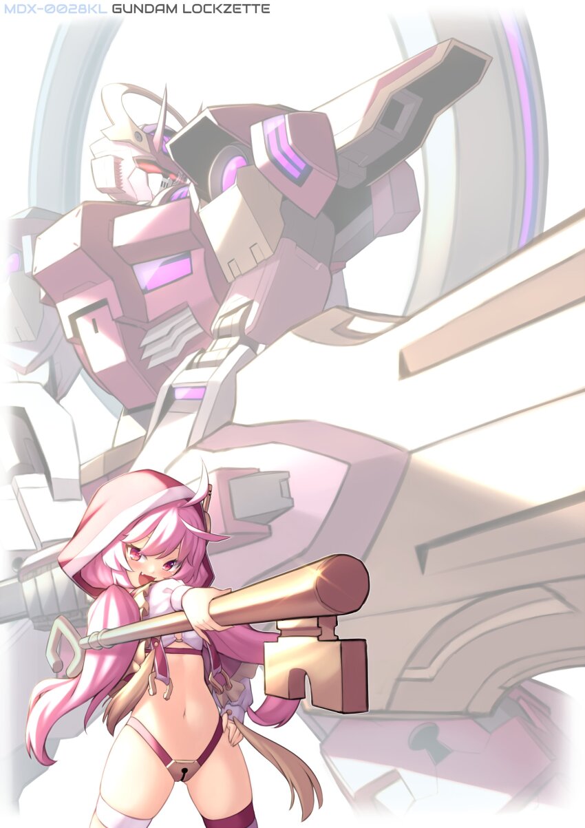 1girl absurdres ahoge capelet cropped_legs eien_project fang gundam gundam_schwarzette gundam_suisei_no_majo hand_on_own_hip highres holding holding_key holding_sword holding_weapon hood key keyhole kiki_lockheart long_hair looking_at_viewer mecha mobile_suit navel open_mouth panties pinguinkotak pink_capelet pink_hair red_eyes redesign revealing_clothes robot science_fiction smile solo standing sword thong twintails underwear v-fin virtual_youtuber weapon white_background